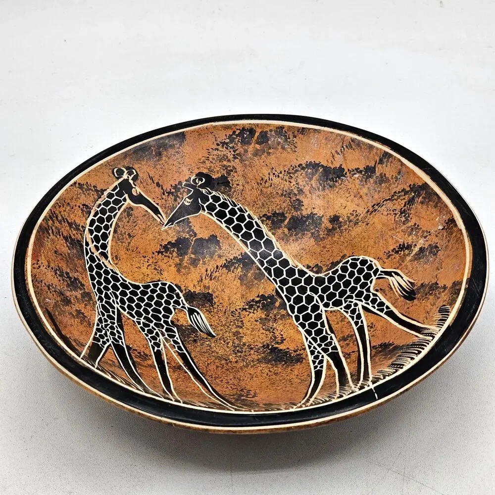 Kisii Soapstone Bowl Kenya Hand Carved Giraffes African Wildlife Savanna Scene